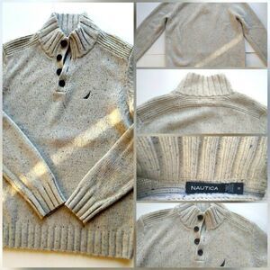 Nautica Men Wool Warm Blend Pullover Sweater Mock Button Collar Cream/Beige Sz L